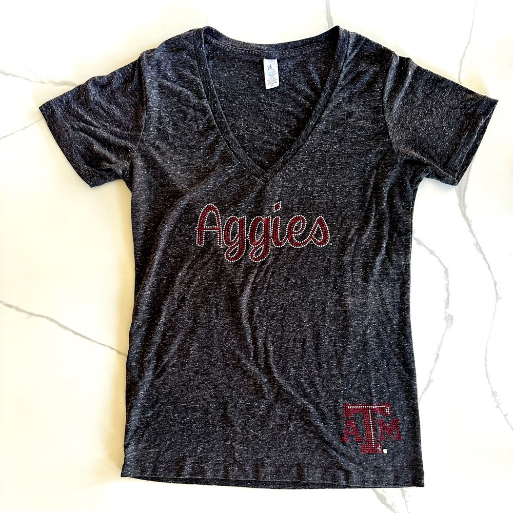 Gray, blinged out Texas A&M Aggies fitted womens v-neck t-shirt, super cute!